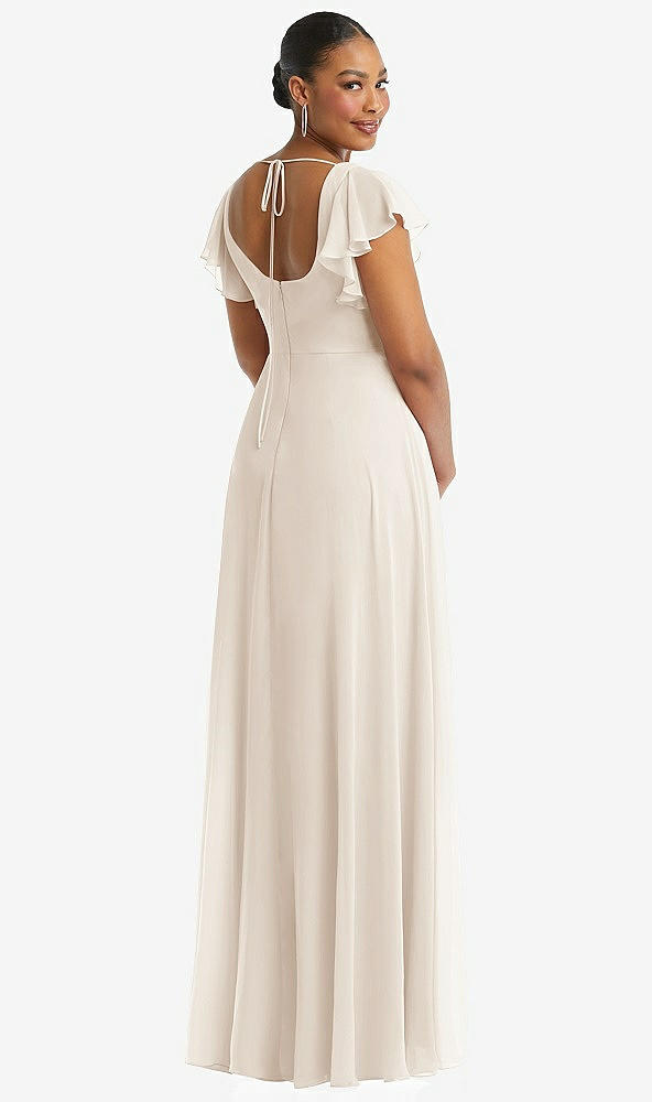 Back View - Oat Flutter Sleeve Scoop Open-Back Chiffon Maxi Dress