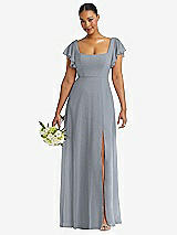 Front View Thumbnail - Platinum Flutter Sleeve Scoop Open-Back Chiffon Maxi Dress