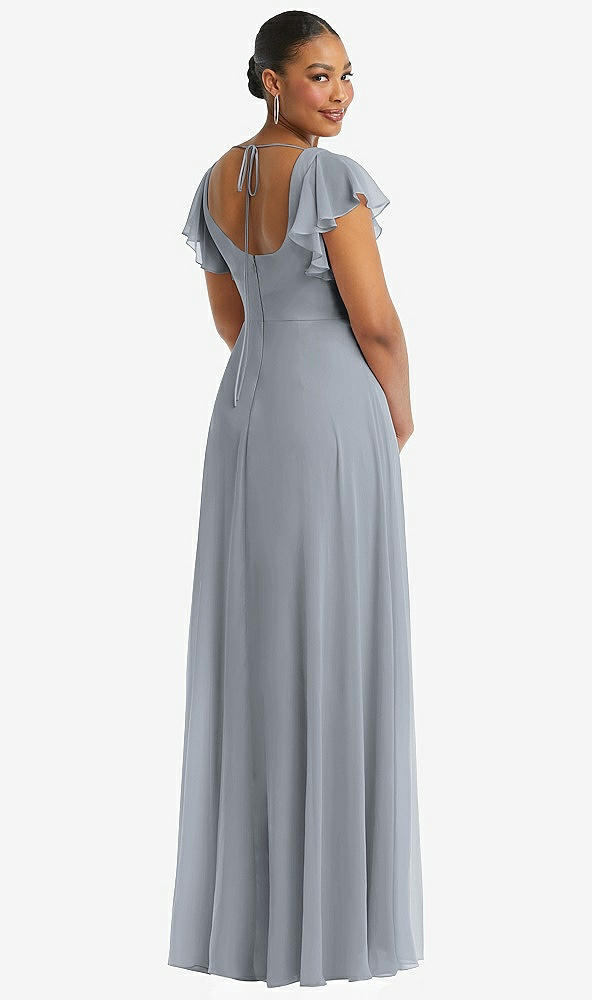 Back View - Platinum Flutter Sleeve Scoop Open-Back Chiffon Maxi Dress