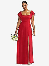 Front View Thumbnail - Parisian Red Flutter Sleeve Scoop Open-Back Chiffon Maxi Dress