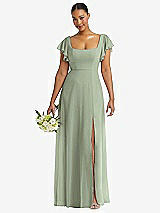 Front View Thumbnail - Sage Flutter Sleeve Scoop Open-Back Chiffon Maxi Dress