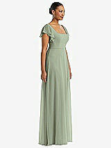 Side View Thumbnail - Sage Flutter Sleeve Scoop Open-Back Chiffon Maxi Dress