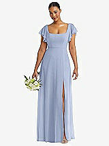 Front View Thumbnail - Sky Blue Flutter Sleeve Scoop Open-Back Chiffon Maxi Dress