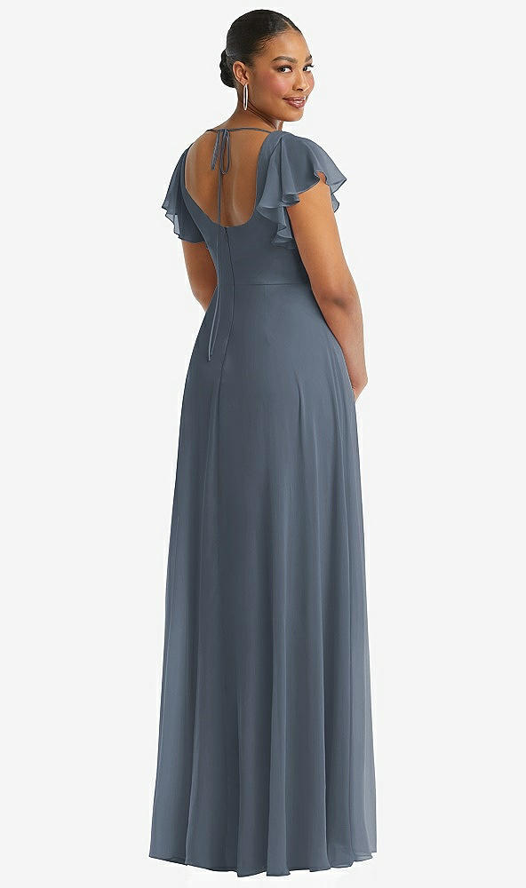 Back View - Silverstone Flutter Sleeve Scoop Open-Back Chiffon Maxi Dress