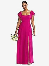 Front View Thumbnail - Think Pink Flutter Sleeve Scoop Open-Back Chiffon Maxi Dress