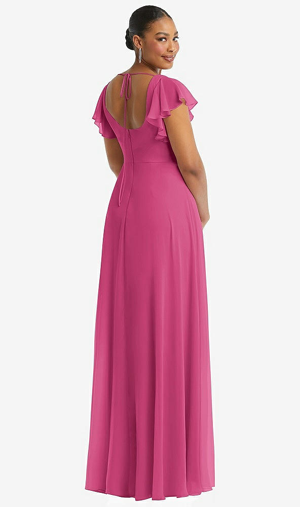 Back View - Tea Rose Flutter Sleeve Scoop Open-Back Chiffon Maxi Dress