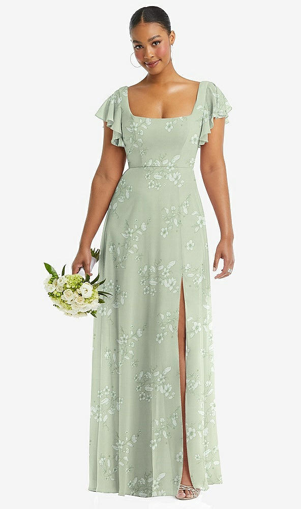 Front View - Vintage Primrose Sage Flutter Sleeve Scoop Open-Back Chiffon Maxi Dress