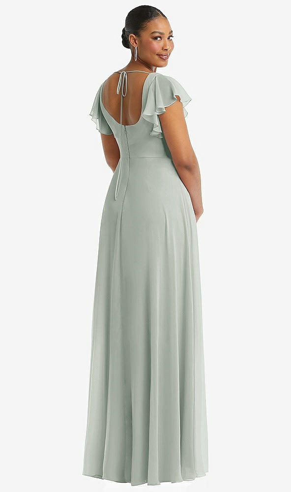 Back View - Willow Green Flutter Sleeve Scoop Open-Back Chiffon Maxi Dress