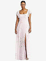 Alt View 1 Thumbnail - Watercolor Print Flutter Sleeve Scoop Open-Back Chiffon Maxi Dress