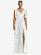 Front View Thumbnail - Bleu Garden Plunge Neckline Bow Shoulder Empire Waist Chiffon Maxi Dress