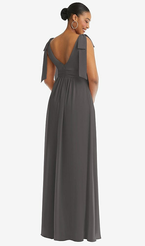 Back View - Caviar Gray Plunge Neckline Bow Shoulder Empire Waist Chiffon Maxi Dress