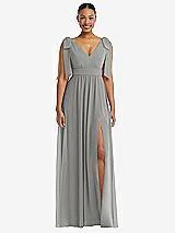 Front View Thumbnail - Chelsea Gray Plunge Neckline Bow Shoulder Empire Waist Chiffon Maxi Dress