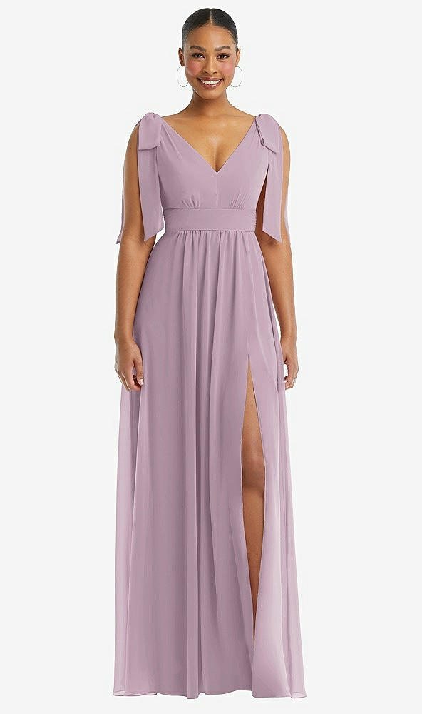 Front View - Suede Rose Plunge Neckline Bow Shoulder Empire Waist Chiffon Maxi Dress