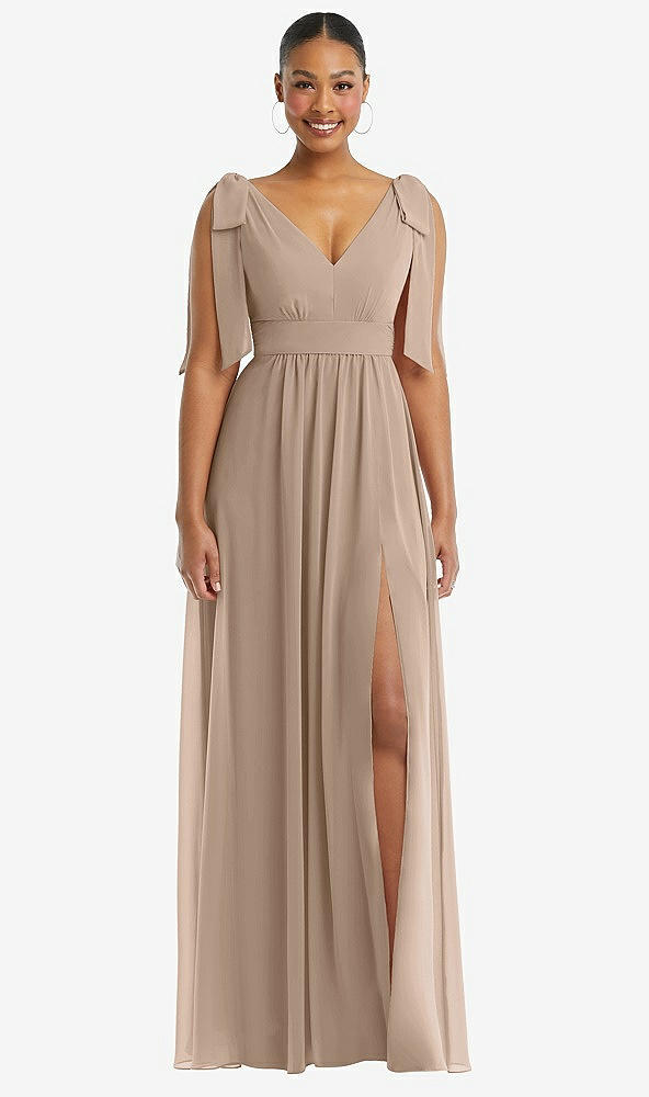 Front View - Topaz Plunge Neckline Bow Shoulder Empire Waist Chiffon Maxi Dress