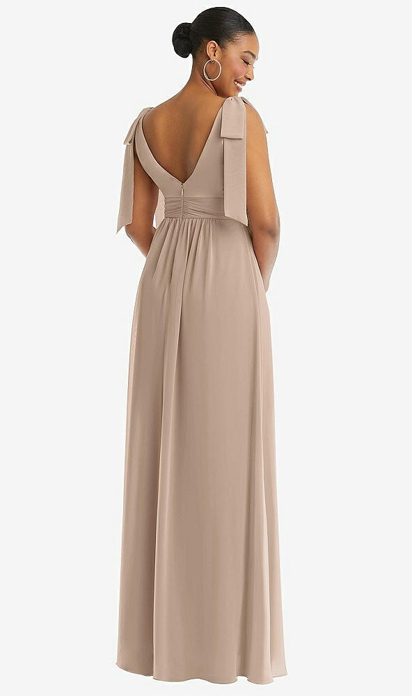 Back View - Topaz Plunge Neckline Bow Shoulder Empire Waist Chiffon Maxi Dress