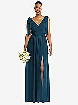 Alt View 1 Thumbnail - Atlantic Blue Plunge Neckline Bow Shoulder Empire Waist Chiffon Maxi Dress