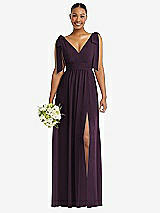 Alt View 1 Thumbnail - Aubergine Plunge Neckline Bow Shoulder Empire Waist Chiffon Maxi Dress