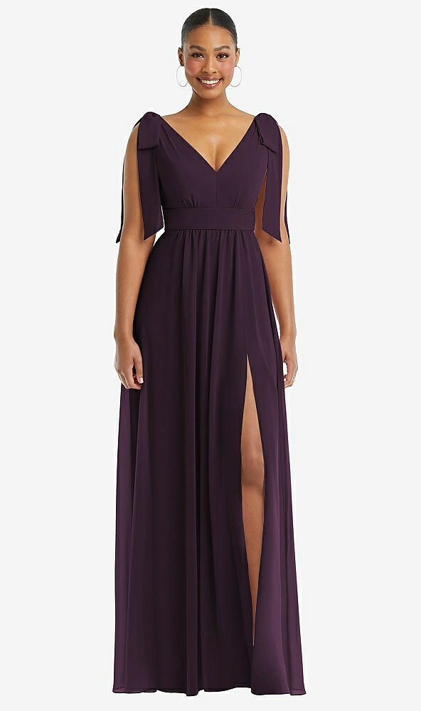 Front View - Aubergine Plunge Neckline Bow Shoulder Empire Waist Chiffon Maxi Dress