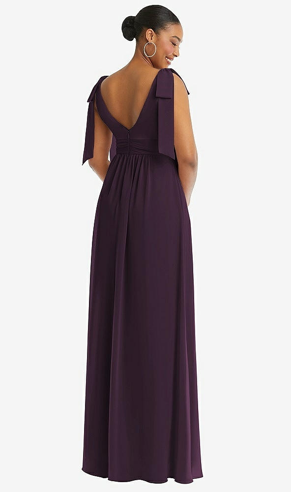 Back View - Aubergine Plunge Neckline Bow Shoulder Empire Waist Chiffon Maxi Dress