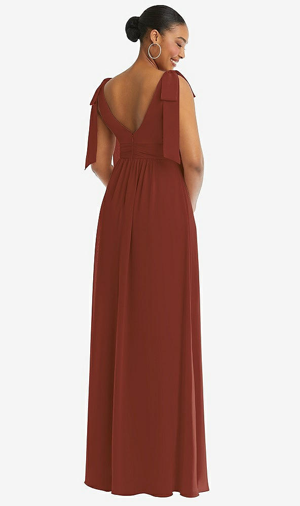 Back View - Auburn Moon Plunge Neckline Bow Shoulder Empire Waist Chiffon Maxi Dress