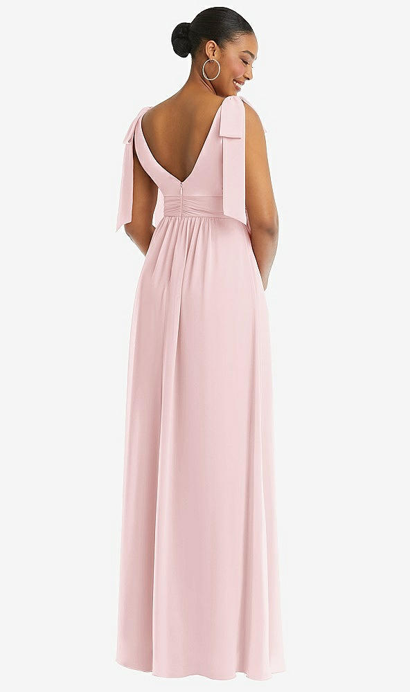 Back View - Ballet Pink Plunge Neckline Bow Shoulder Empire Waist Chiffon Maxi Dress