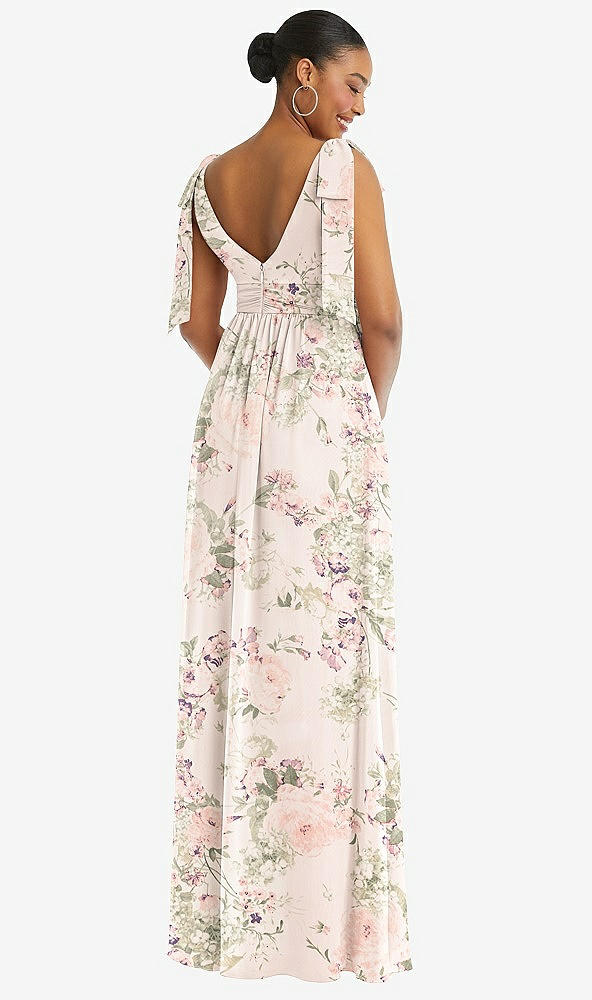 Back View - Blush Garden Plunge Neckline Bow Shoulder Empire Waist Chiffon Maxi Dress