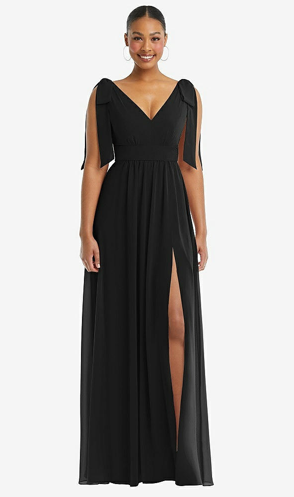 Front View - Black Plunge Neckline Bow Shoulder Empire Waist Chiffon Maxi Dress