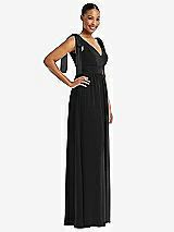 Side View Thumbnail - Black Plunge Neckline Bow Shoulder Empire Waist Chiffon Maxi Dress