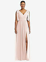 Front View Thumbnail - Blush Plunge Neckline Bow Shoulder Empire Waist Chiffon Maxi Dress