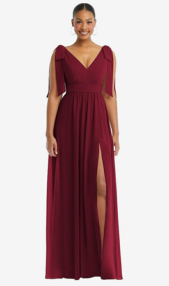 Front View - Burgundy Plunge Neckline Bow Shoulder Empire Waist Chiffon Maxi Dress