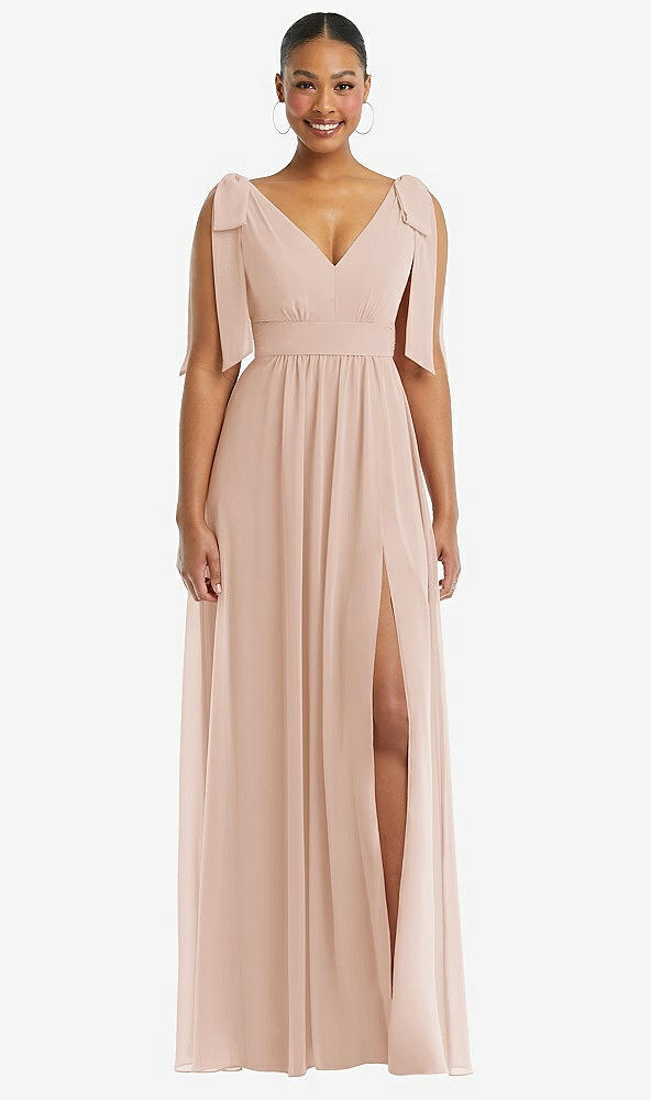 Front View - Cameo Plunge Neckline Bow Shoulder Empire Waist Chiffon Maxi Dress