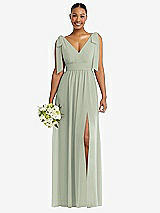 Alt View 1 Thumbnail - Celadon Plunge Neckline Bow Shoulder Empire Waist Chiffon Maxi Dress