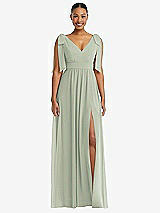 Front View Thumbnail - Celadon Plunge Neckline Bow Shoulder Empire Waist Chiffon Maxi Dress