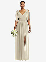 Alt View 1 Thumbnail - Champagne Plunge Neckline Bow Shoulder Empire Waist Chiffon Maxi Dress