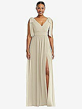 Front View Thumbnail - Champagne Plunge Neckline Bow Shoulder Empire Waist Chiffon Maxi Dress