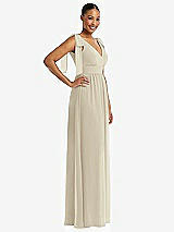 Side View Thumbnail - Champagne Plunge Neckline Bow Shoulder Empire Waist Chiffon Maxi Dress