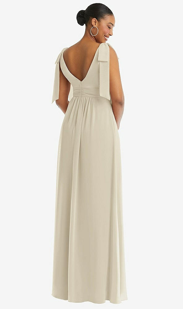 Back View - Champagne Plunge Neckline Bow Shoulder Empire Waist Chiffon Maxi Dress