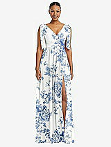 Front View Thumbnail - Cottage Rose Dusk Blue Plunge Neckline Bow Shoulder Empire Waist Chiffon Maxi Dress