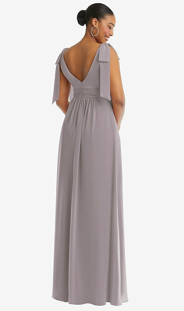 Back View - Cashmere Gray Plunge Neckline Bow Shoulder Empire Waist Chiffon Maxi Dress