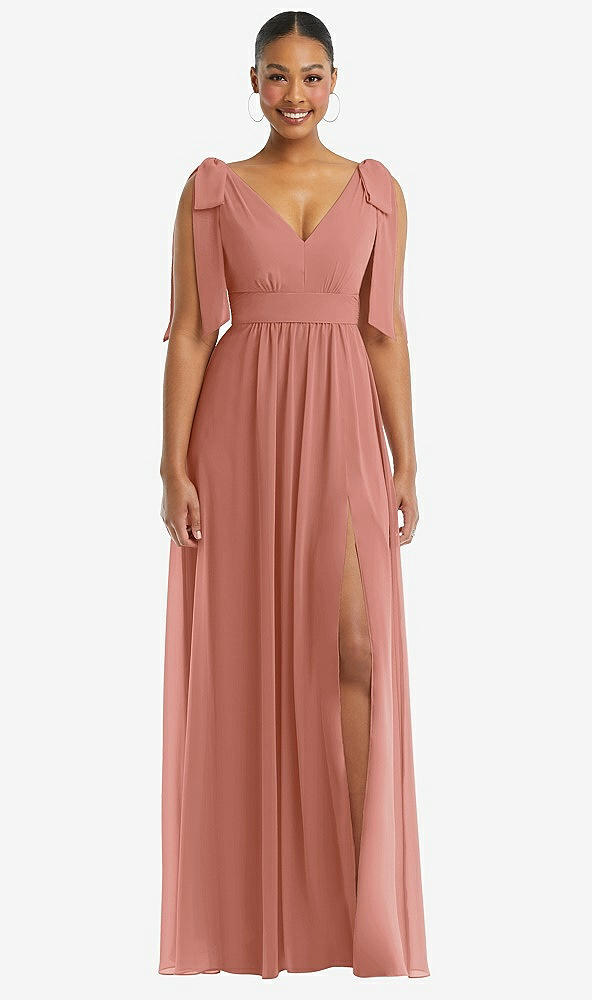 Front View - Desert Rose Plunge Neckline Bow Shoulder Empire Waist Chiffon Maxi Dress