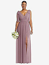 Alt View 1 Thumbnail - Dusty Rose Plunge Neckline Bow Shoulder Empire Waist Chiffon Maxi Dress