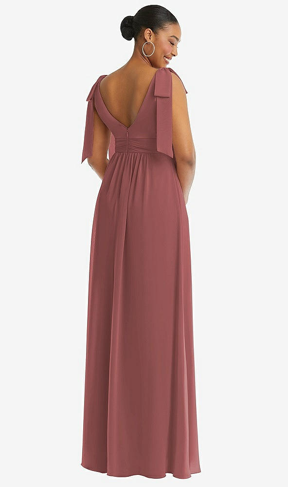 Back View - English Rose Plunge Neckline Bow Shoulder Empire Waist Chiffon Maxi Dress