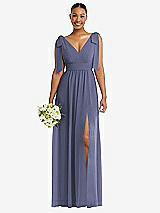 Alt View 1 Thumbnail - French Blue Plunge Neckline Bow Shoulder Empire Waist Chiffon Maxi Dress