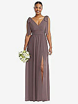 Alt View 1 Thumbnail - French Truffle Plunge Neckline Bow Shoulder Empire Waist Chiffon Maxi Dress