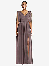 Front View Thumbnail - French Truffle Plunge Neckline Bow Shoulder Empire Waist Chiffon Maxi Dress