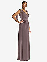 Side View Thumbnail - French Truffle Plunge Neckline Bow Shoulder Empire Waist Chiffon Maxi Dress