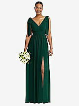 Alt View 1 Thumbnail - Hunter Green Plunge Neckline Bow Shoulder Empire Waist Chiffon Maxi Dress