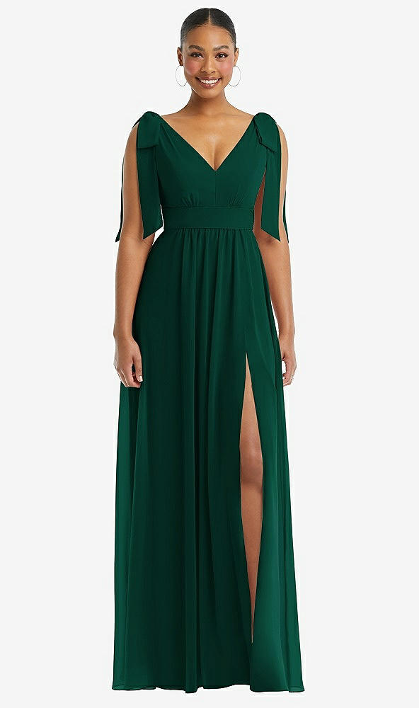 Front View - Hunter Green Plunge Neckline Bow Shoulder Empire Waist Chiffon Maxi Dress