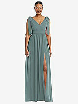 Front View Thumbnail - Icelandic Plunge Neckline Bow Shoulder Empire Waist Chiffon Maxi Dress