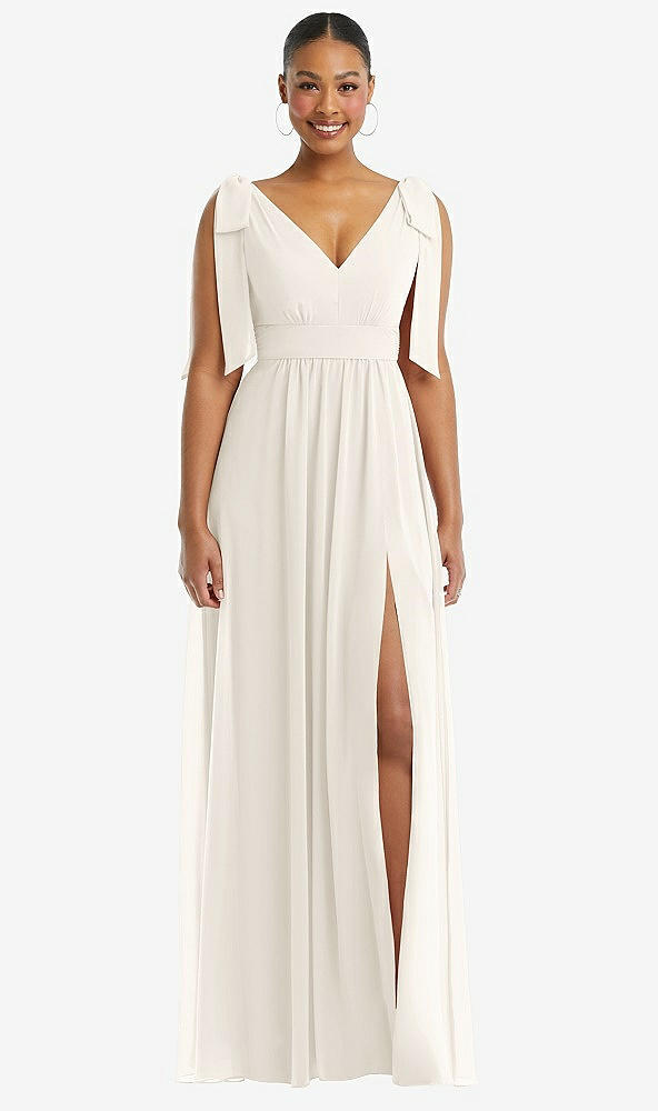 Front View - Ivory Plunge Neckline Bow Shoulder Empire Waist Chiffon Maxi Dress